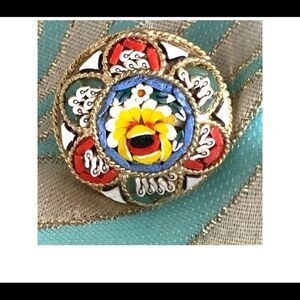 Yellow blue floral micro mosaic round Italian pin
